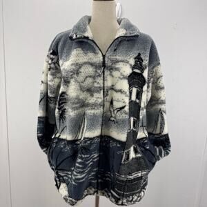 VTG Black Mountain Full Zip Fleece Jacket Women's M Nautical Sailing Lighthouse